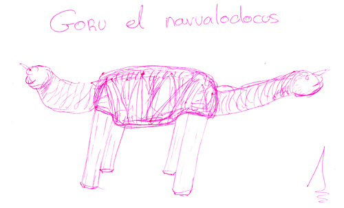 Goru el narvalodocus dibujado a boli rosa. Es una especie de dinosaurios con dos cabezas y cuerno de narval en cada una de ellas.