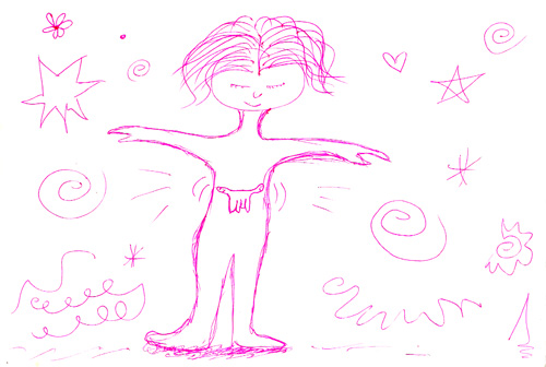 Dibujo a boli rosa de Goru el narvaloducus en la barriga de una persona moviendose emocionado hacia los lados.